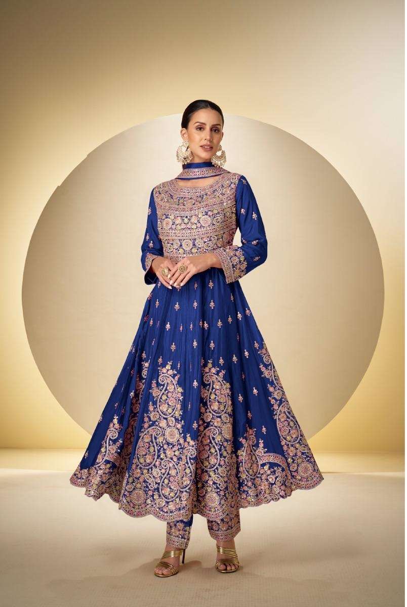 DESIGNER FANCY PARTYWAER REAL CHINON BLUE ANARKALI SALWAR SUIT COLLECTION GL RASBARI 7626 E