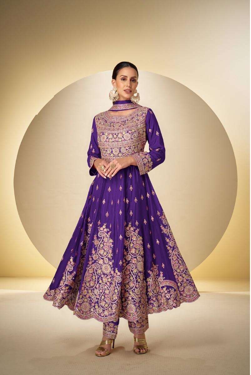 DESIGNER FANCY PARTYWAER REAL CHINON PURPLE ANARKALI SALWAR SUIT COLLECTION GL RASBARI 7626 I