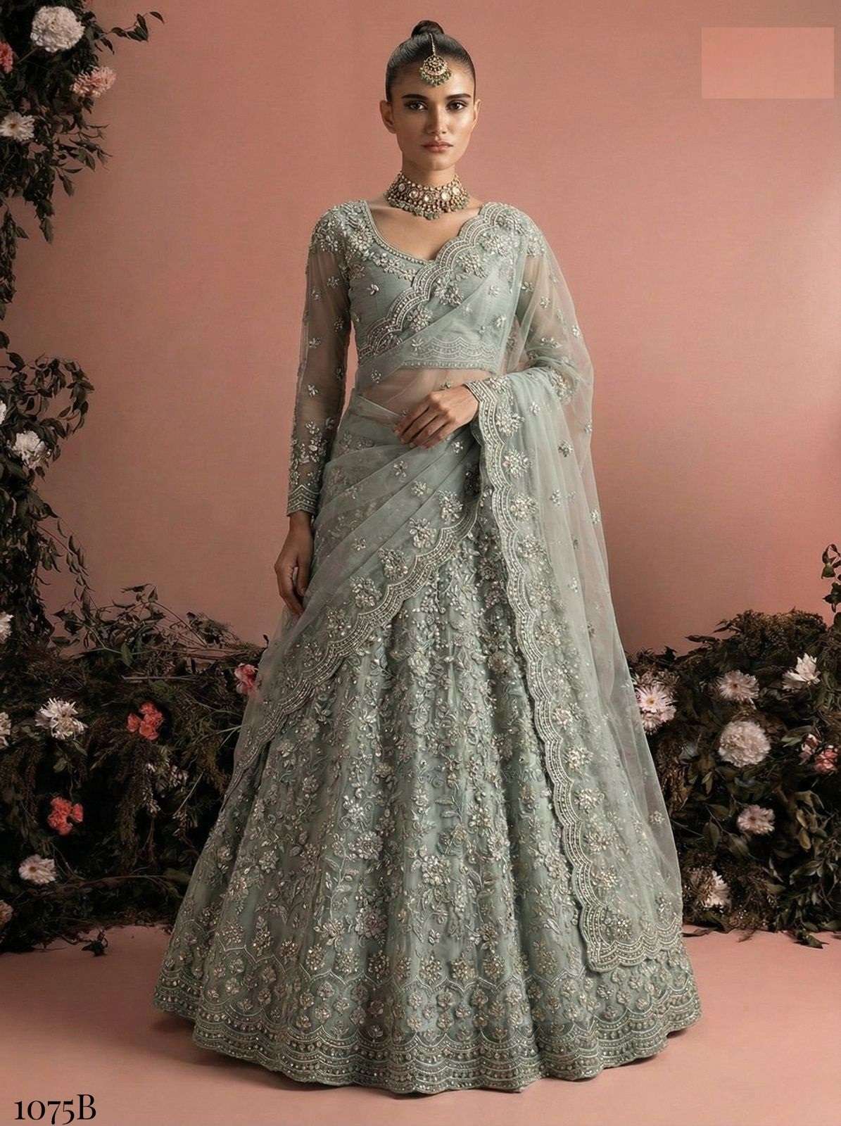 DESIGNER FANCY WEDDING PARTY WEAR INDIAN HEAVY GREY NET LEHENGA CHOLI WITH DUPATTA ALZ 1075 B
