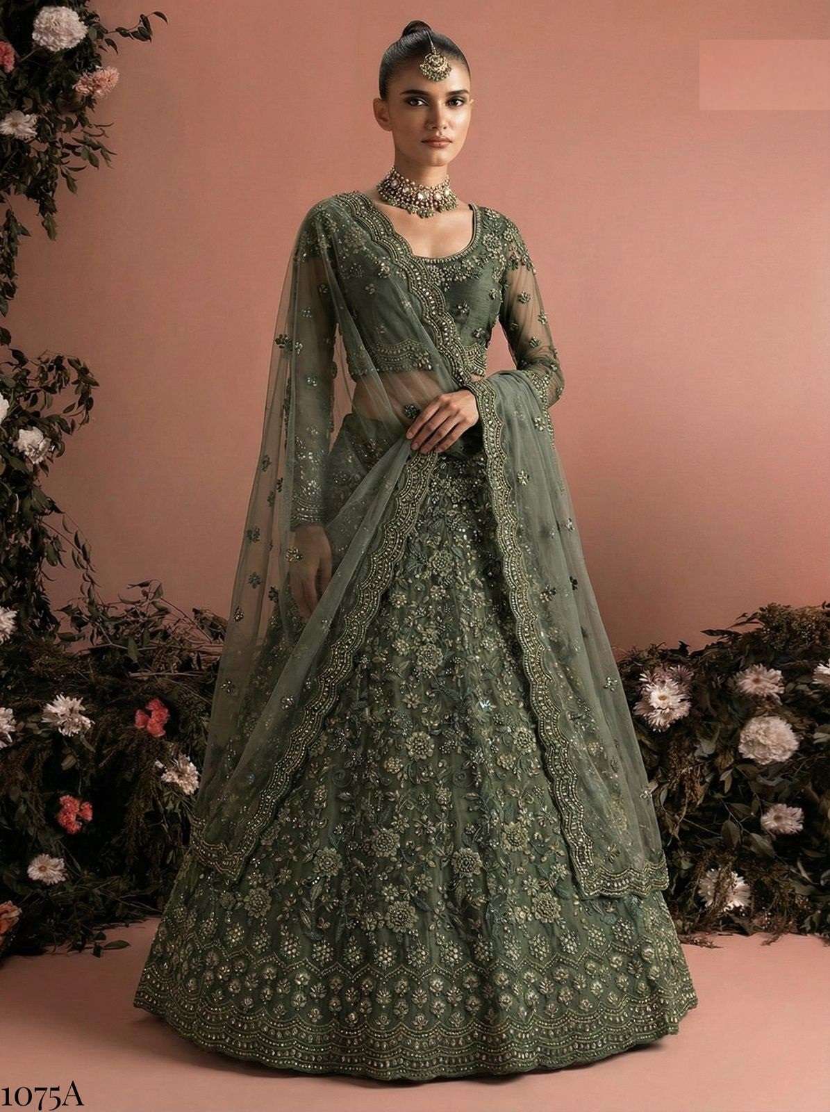 DESIGNER FANCY WEDDING PARTY WEAR INDIAN HEAVY GREEN NET LEHENGA CHOLI WITH DUPATTA ALZ 1075 A