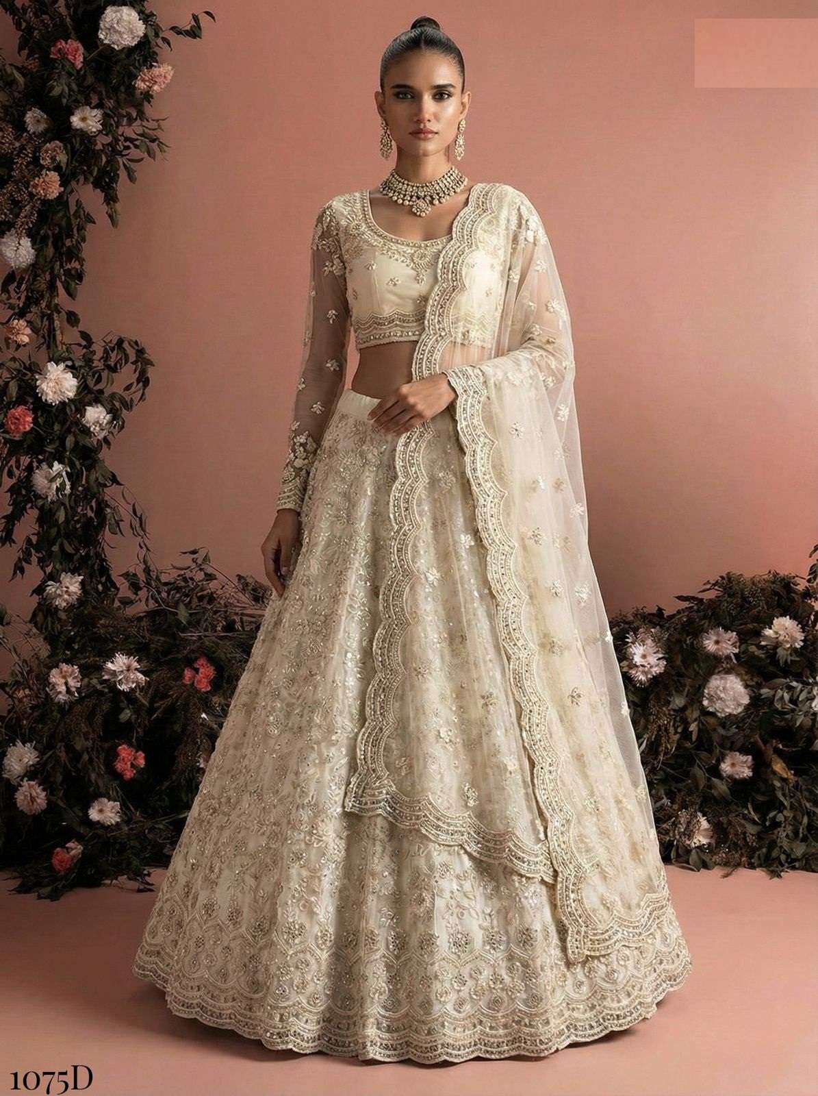 DESIGNER FANCY WEDDING PARTY WEAR INDIAN HEAVY WHITE NET LEHENGA CHOLI WITH DUPATTA ALZ 1075 D