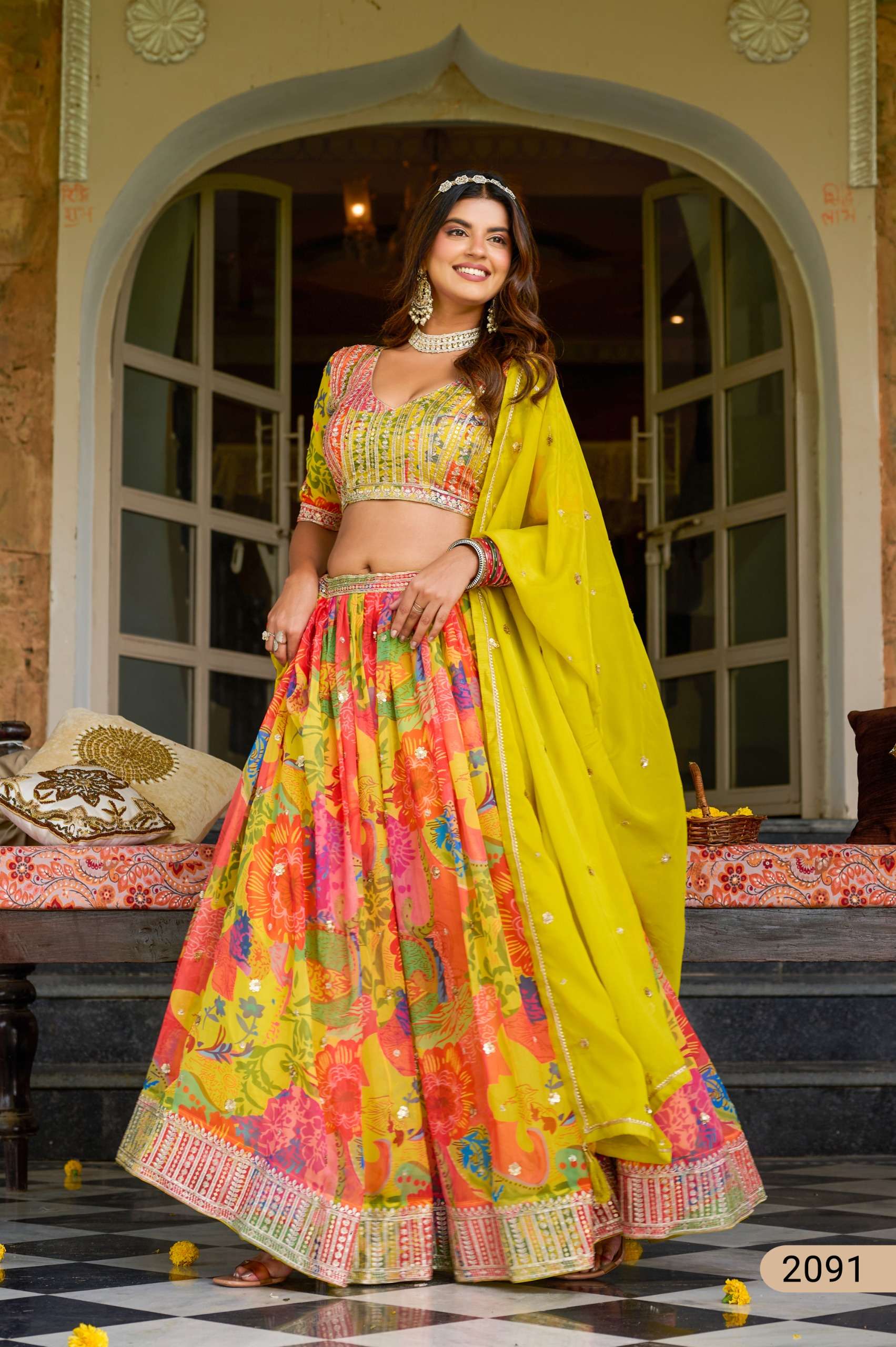 DESIGNER FANCY WEDDING PARTY WEAR INDIAN YELLOW ORGANZA LEHENGA CHOLI WITH ORGANZA DUPATTA ANY MEHVISH 2091