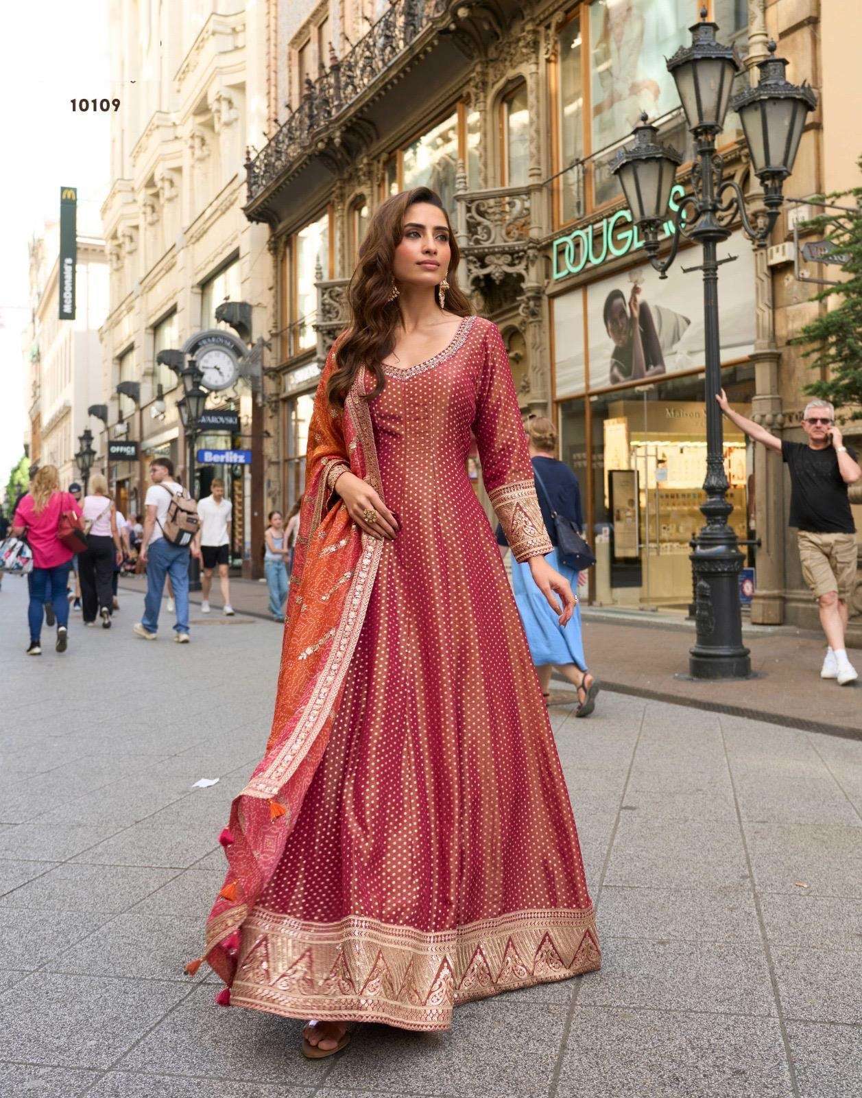 DESIGNER FANCY WEDDING PARTY WEAR PURE VISCOS JACQUARD SILK RED ANARKALI SUIT GOWN SY KUSUM 10109