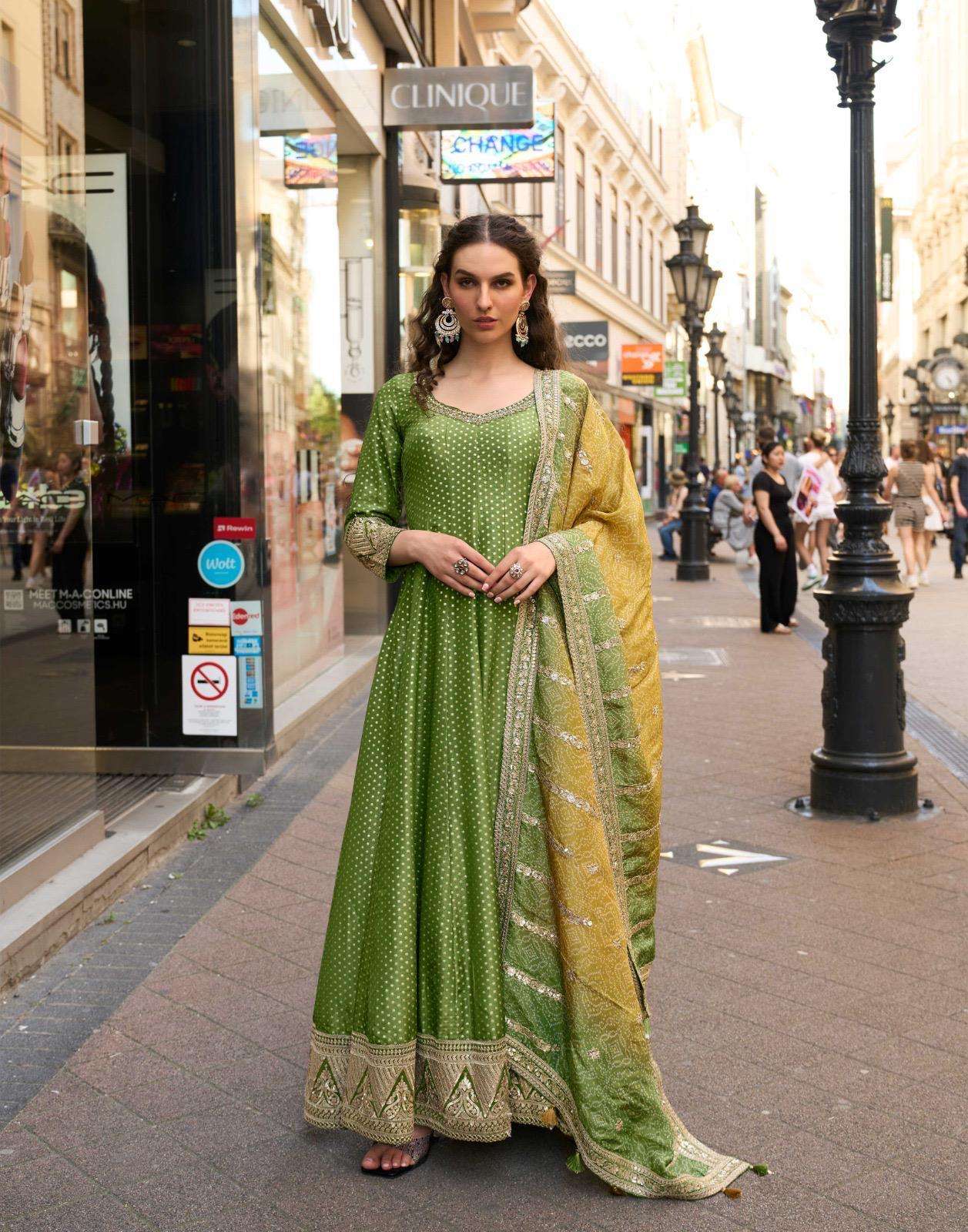 DESIGNER FANCY WEDDING PARTY WEAR PURE VISCOS JACQUARD SILK GREEN ANARKALI SUIT GOWN SY KUSUM 10110