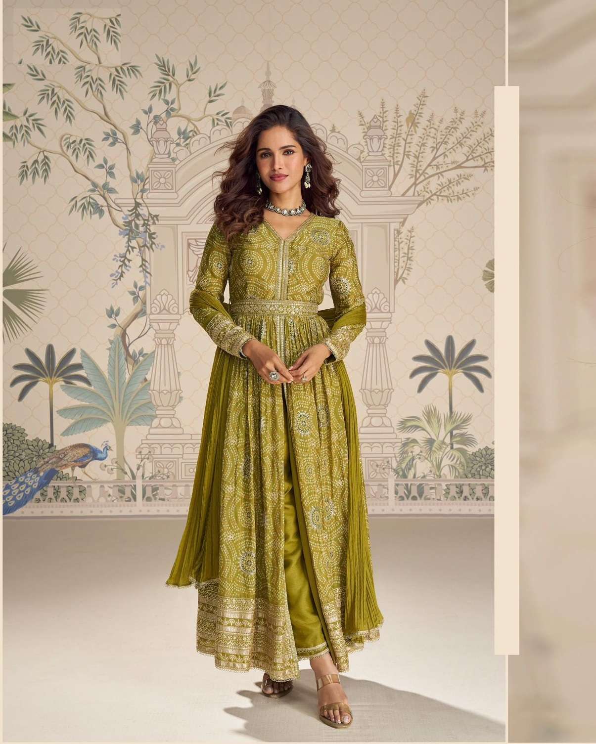 DESIGNER FANCY WEDDING PARTY WEAR REAL CHINON GREEN ANARKALI SALWAR SUIT GOWN SY SAKSHI 10141