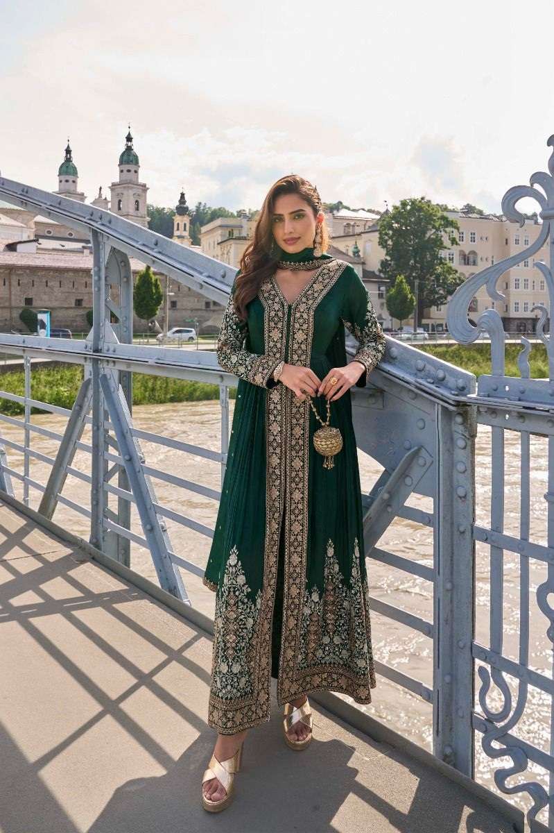 DESIGNER FANCY WEDDING PARTY WEAR REAL CHINON GREEN ANARKALI SALWAR SUIT GOWN GL FIZA 7631 A