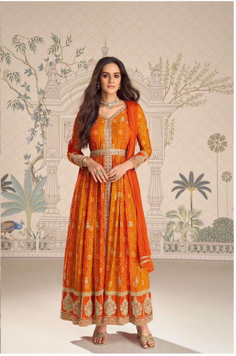 DESIGNER FANCY WEDDING PARTY WEAR REAL CHINON ORANGE ANARKALI SALWAR SUIT GOWN SY SAKSHI 10139