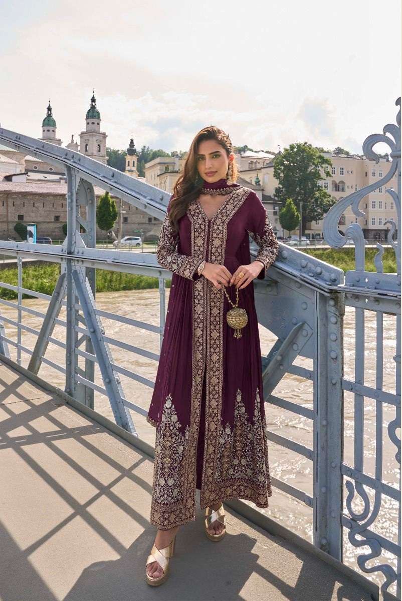 DESIGNER FANCY WEDDING PARTY WEAR REAL CHINON PURPLE ANARKALI SALWAR SUIT GOWN GL FIZA 7631 C