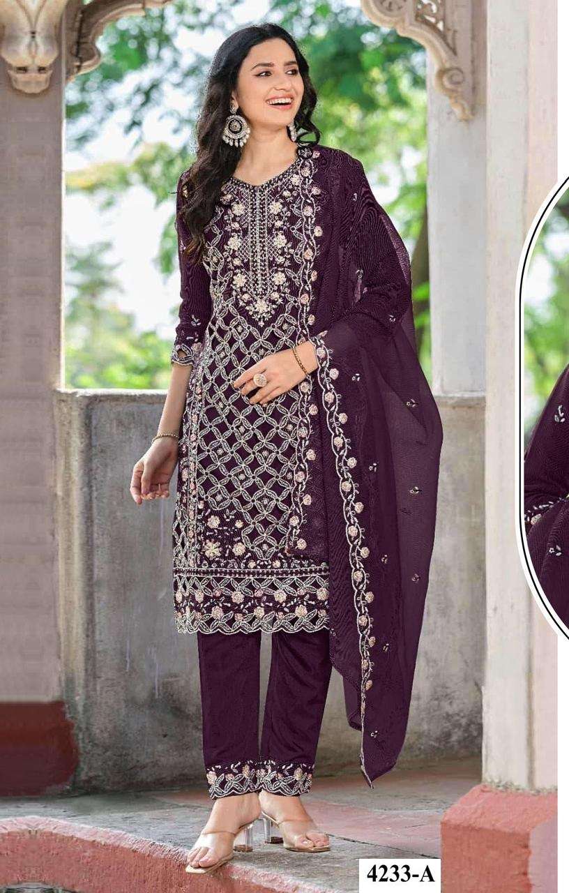 DESIGNER HEAVY CHINON PURPLE PAKISTANI SALWAR SUIT COLLECTION JG 4233 A