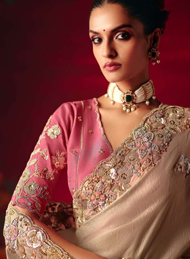 DESIGNER PARTY WEAR HEAVY FANCY SILK CHIKU SAREE WITH SEQUENCE EMBROIDERY WORK COLLECTION SM KM NAARI 5586