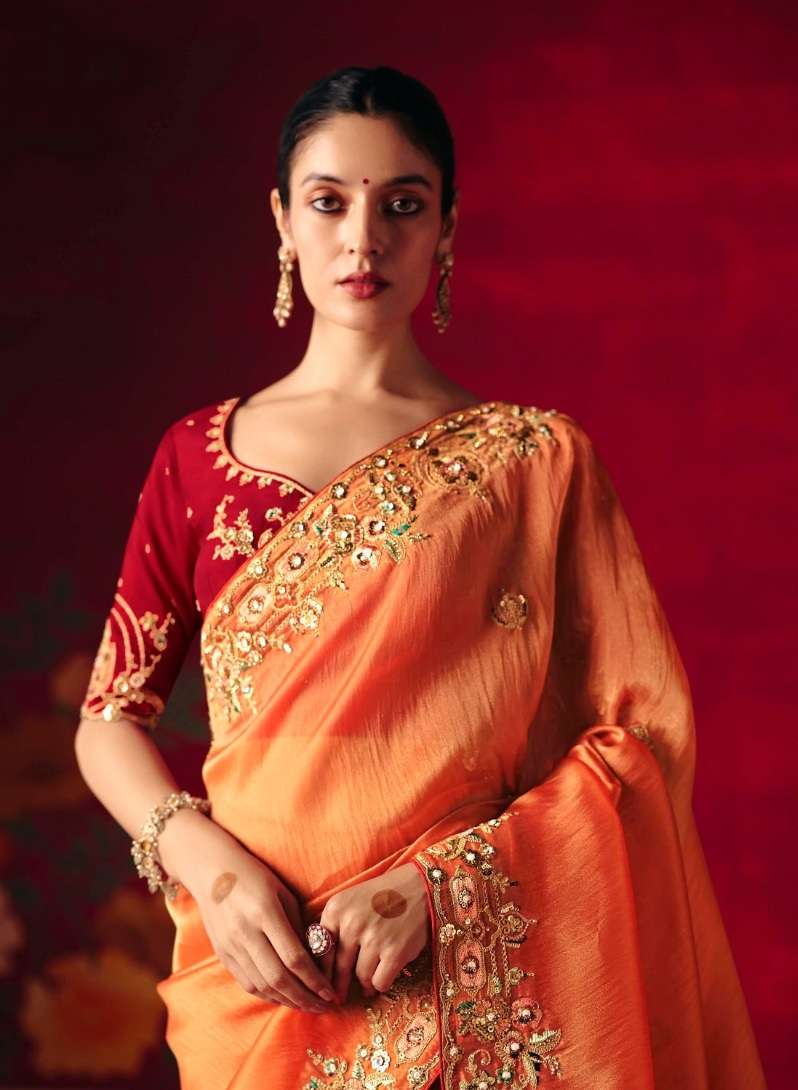 DESIGNER PARTY WEAR HEAVY FANCY SILK ORANGE SAREE WITH SEQUENCE EMBROIDERY WORK COLLECTION SM KM NAARI 5584