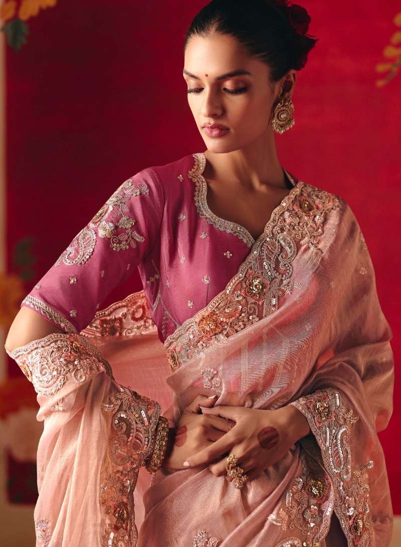 DESIGNER PARTY WEAR HEAVY FANCY SILK PEACH SAREE WITH SEQUENCE EMBROIDERY WORK COLLECTION SM KM NAARI 5591