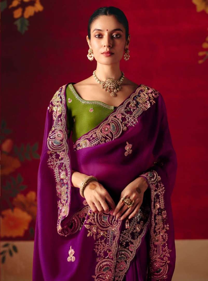 DESIGNER PARTY WEAR HEAVY FANCY SILK WINE SAREE WITH SEQUENCE EMBROIDERY WORK COLLECTION SM KM NAARI 5588
