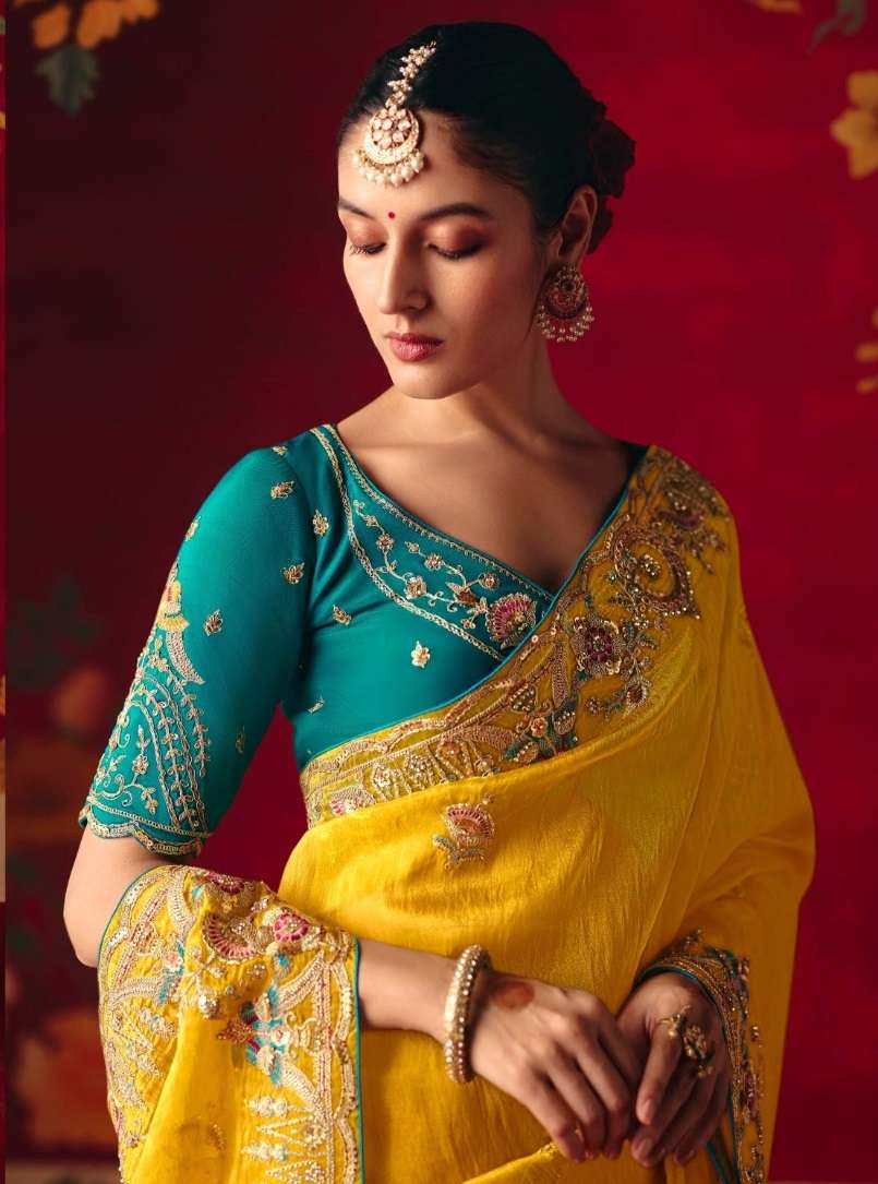 DESIGNER PARTY WEAR HEAVY FANCY SILK YELLOW SAREE WITH SEQUENCE EMBROIDERY WORK COLLECTION SM KM NAARI 5582