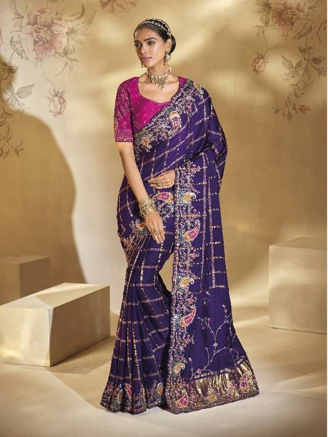 DESIGNER PARTY WEAR HEAVY SILK BLUE SAREE WITH CUT DANA EMBROIDERY WORK COLLECTION SM MN 8105
