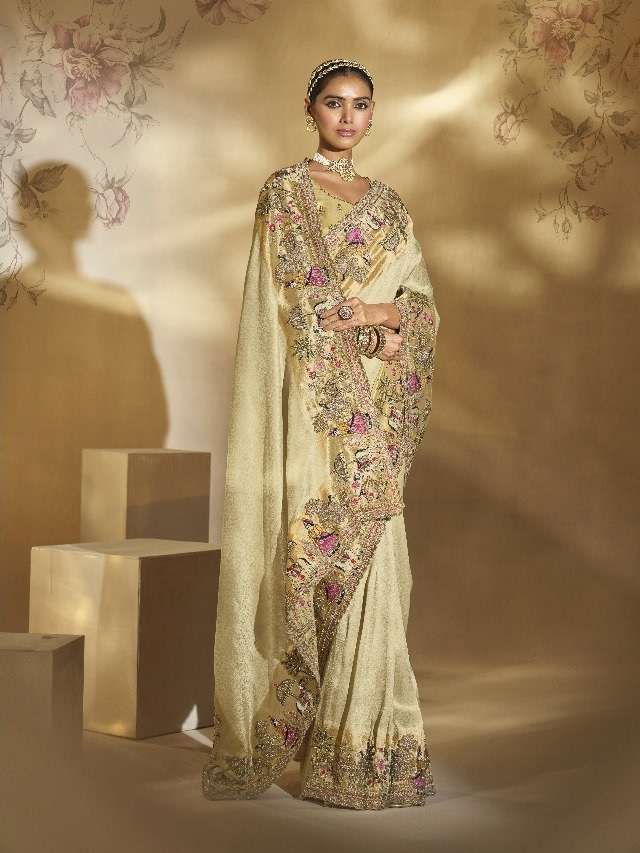DESIGNER PARTY WEAR HEAVY SILK CREAM SAREE WITH CUT DANA EMBROIDERY WORK COLLECTION SM MN 8101