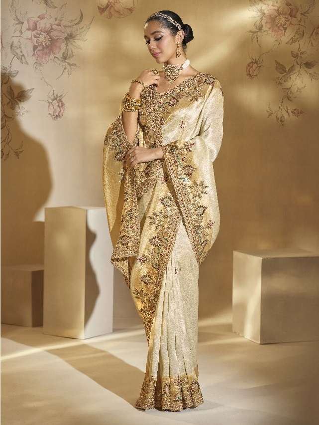 DESIGNER PARTY WEAR HEAVY SILK CREAM SAREE WITH CUT DANA EMBROIDERY WORK COLLECTION SM MN 8104