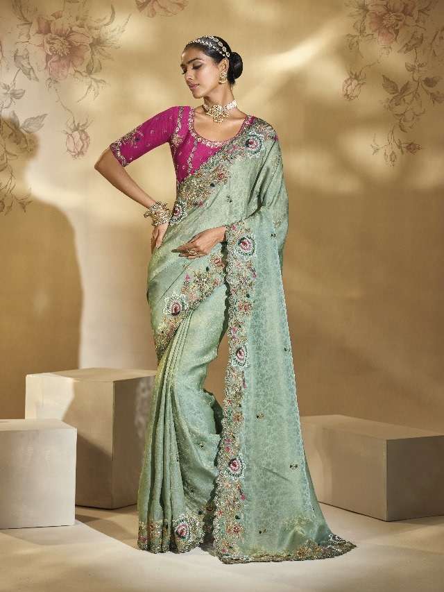 DESIGNER PARTY WEAR HEAVY SILK GREEN SAREE WITH CUT DANA EMBROIDERY WORK COLLECTION SM MN 8107