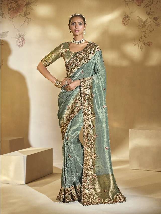 DESIGNER PARTY WEAR HEAVY SILK PISTA GREEN SAREE WITH CUT DANA EMBROIDERY WORK COLLECTION SM MN 8111