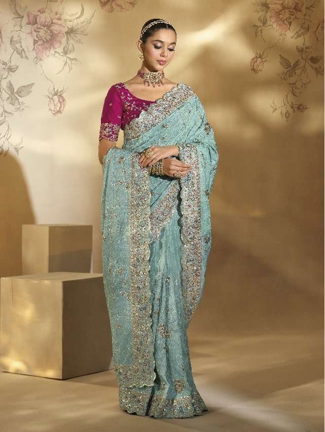 DESIGNER PARTY WEAR HEAVY SILK SEA GREEN SAREE WITH CUT DANA EMBROIDERY WORK COLLECTION SM MN 8103