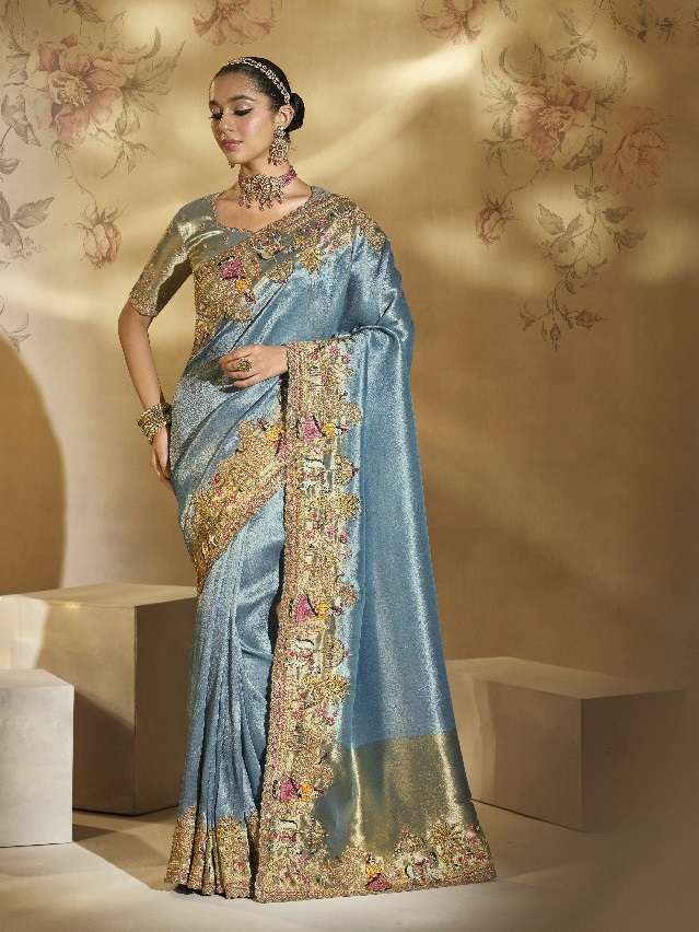 DESIGNER PARTY WEAR HEAVY SILK SKY BLUE SAREE WITH CUT DANA EMBROIDERY WORK COLLECTION SM MN 8109