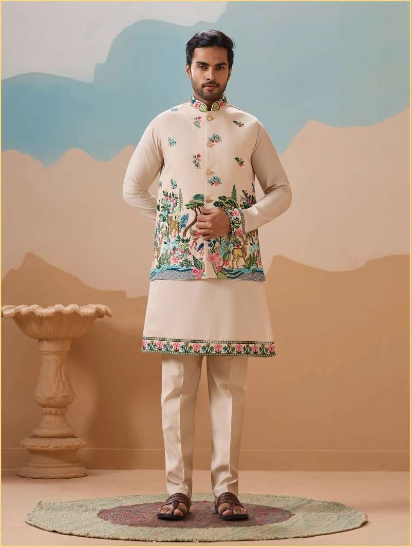 DESIGNER PARTY WEAR READYMADE INDIAN MENS BEIGE SILK KOTI KURTA KF 61596