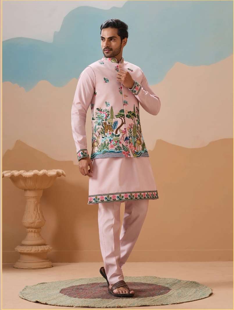 DESIGNER PARTY WEAR READYMADE INDIAN MENS LIGHT PINK SILK KOTI KURTA KF 61593