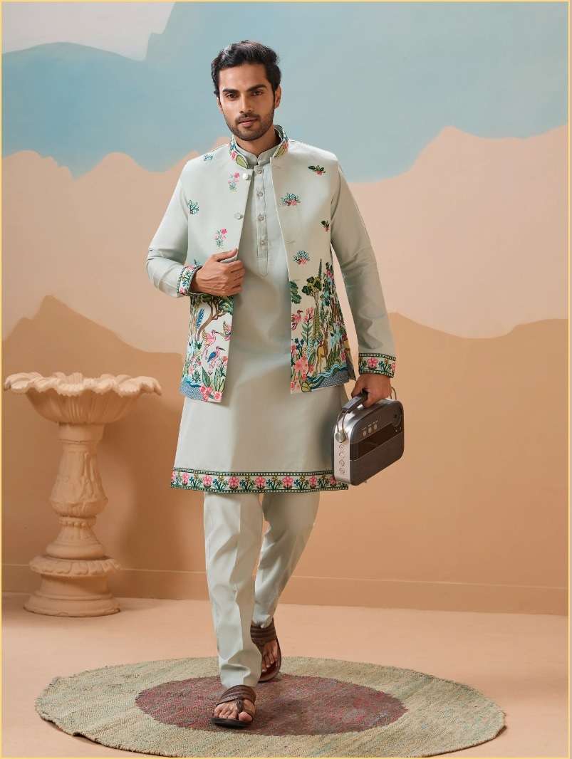 DESIGNER PARTY WEAR READYMADE INDIAN MENS PISTA SILK KOTI KURTA KF 61594