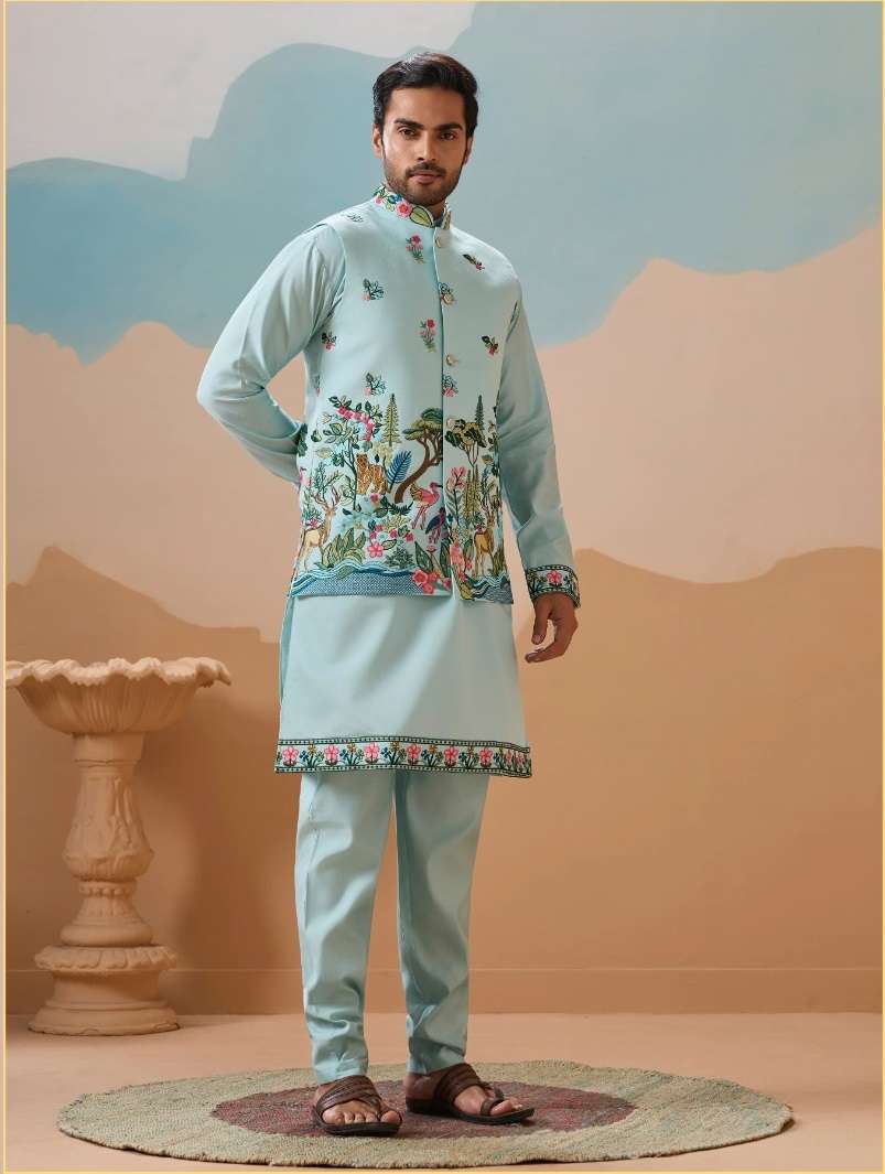 DESIGNER PARTY WEAR READYMADE INDIAN MENS SKY BLUE SILK KOTI KURTA KF 61595