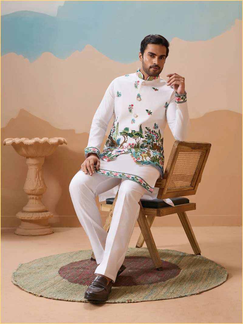DESIGNER PARTY WEAR READYMADE INDIAN MENS WHITE SILK KOTI KURTA KF 61591