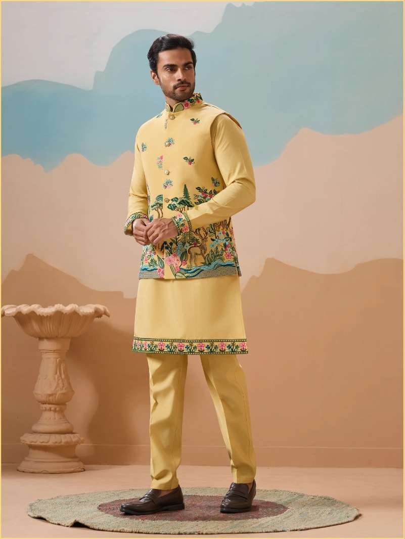 DESIGNER PARTY WEAR READYMADE INDIAN MENS YELLOW SILK KOTI KURTA KF 61597