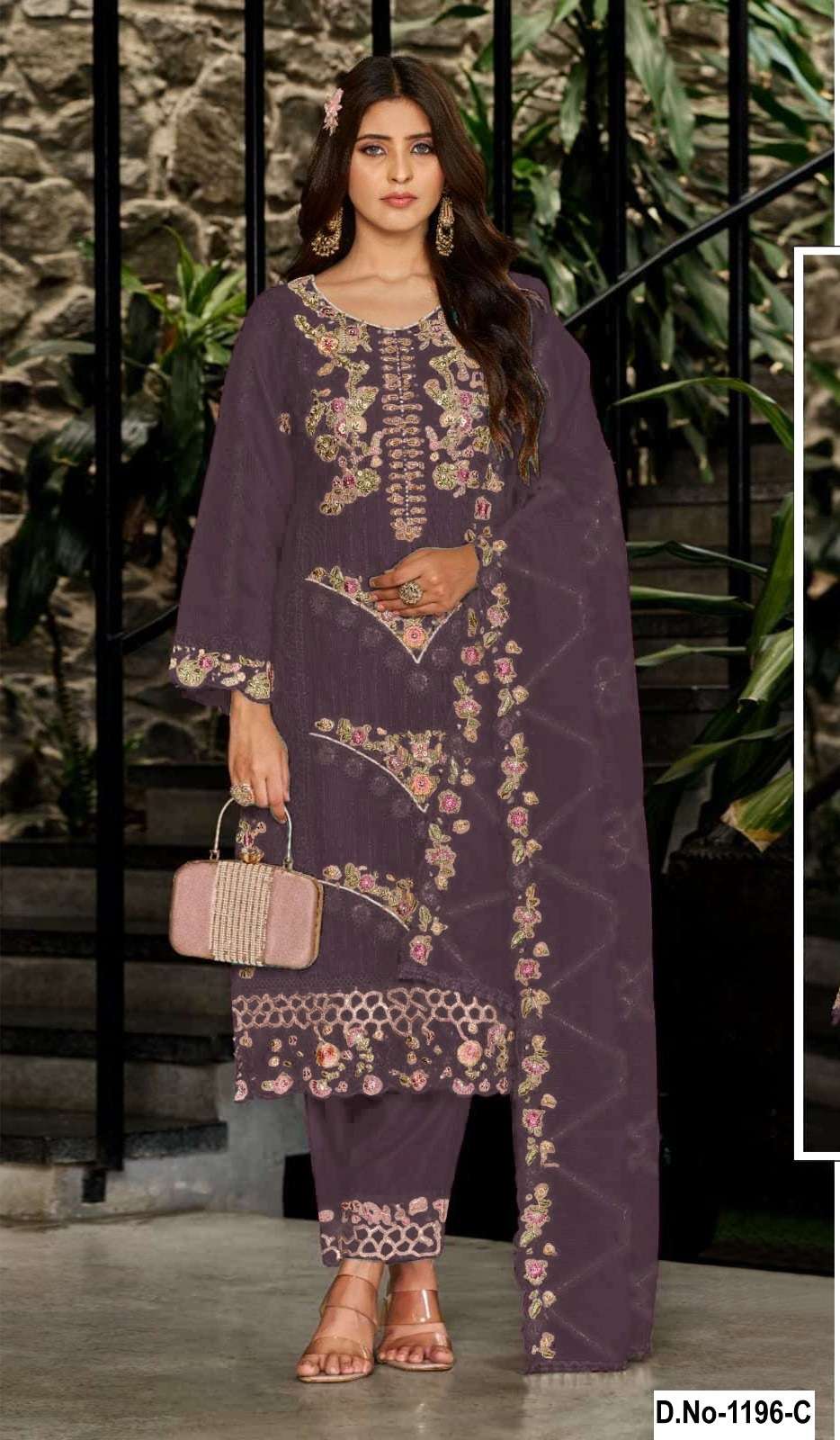 DESIGNER WEDDING PARTY WEAR FAUX GEORGETTE PURPLE PAKISTANI SALWAR SUIT SHF 1196 C