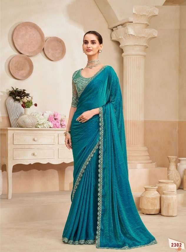 DESIGNER WEDDING PARTY WEAR FENDY SILK BLUE SAREE WITH SEQUENCE WORK COLLECTION SM ANMOL KIANA 2302
