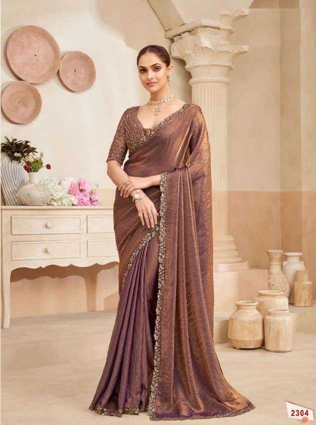 DESIGNER WEDDING PARTY WEAR FENDY SILK BROWN SAREE WITH SEQUENCE WORK COLLECTION SM ANMOL KIANA 2304