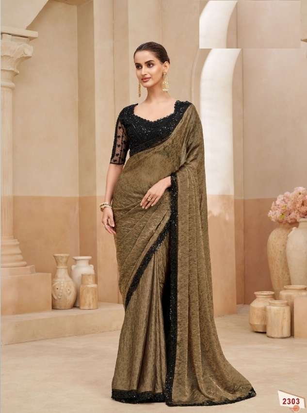 DESIGNER WEDDING PARTY WEAR FENDY SILK CHIKU SAREE WITH SEQUENCE WORK COLLECTION SM ANMOL KIANA 2303
