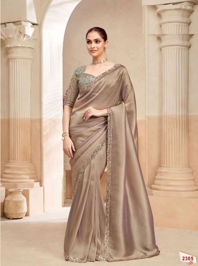 DESIGNER WEDDING PARTY WEAR FENDY SILK CHIKU SAREE WITH SEQUENCE WORK COLLECTION SM ANMOL KIANA 2305