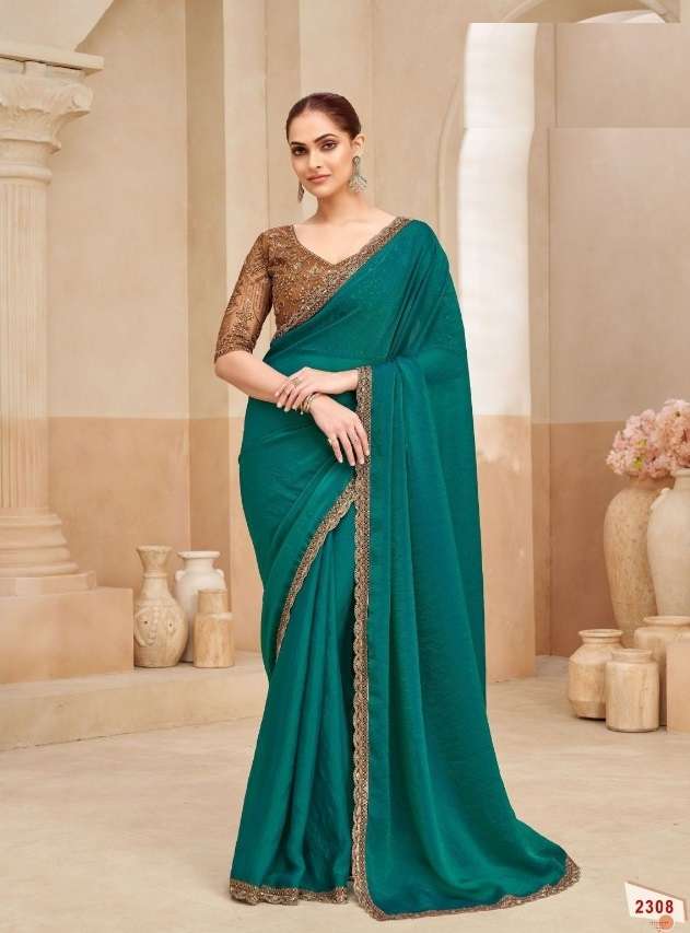 DESIGNER WEDDING PARTY WEAR FENDY SILK GREEN SAREE WITH SEQUENCE WORK COLLECTION SM ANMOL KIANA 2308