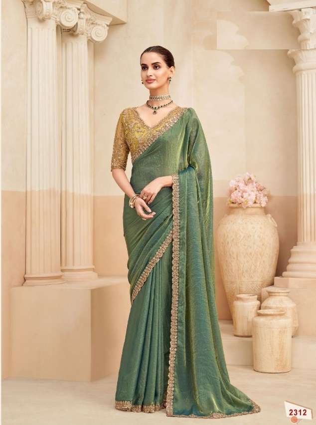 DESIGNER WEDDING PARTY WEAR FENDY SILK GREEN SAREE WITH SEQUENCE WORK COLLECTION SM ANMOL KIANA 2312
