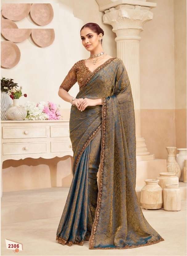 DESIGNER WEDDING PARTY WEAR FENDY SILK GREY SAREE WITH SEQUENCE WORK COLLECTION SM ANMOL KIANA 2306