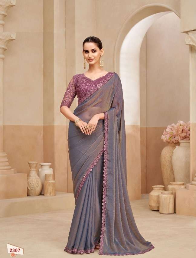 DESIGNER WEDDING PARTY WEAR FENDY SILK LAVENDER SAREE WITH SEQUENCE WORK COLLECTION SM ANMOL KIANA 2307