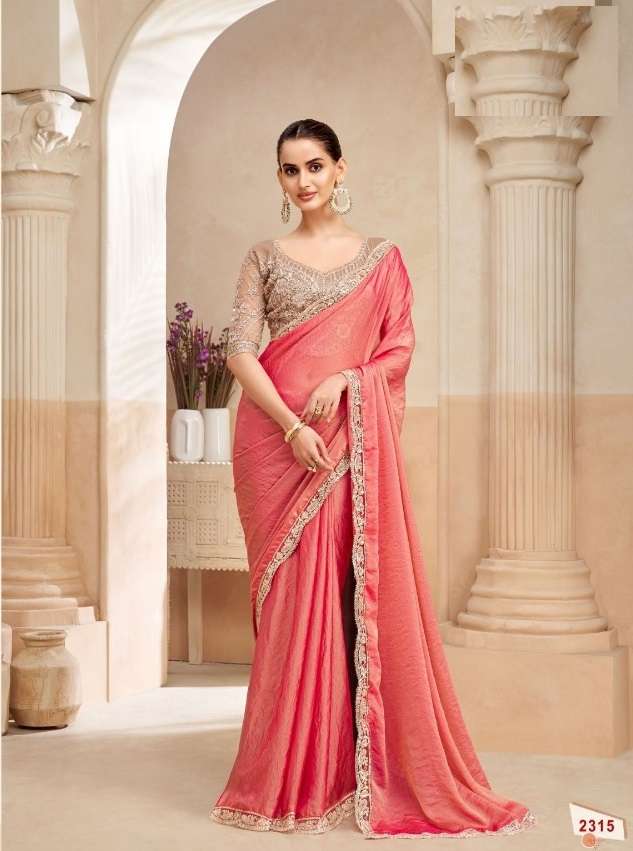 DESIGNER WEDDING PARTY WEAR FENDY SILK ORANGE SAREE WITH SEQUENCE WORK COLLECTION SM ANMOL KIANA 2315