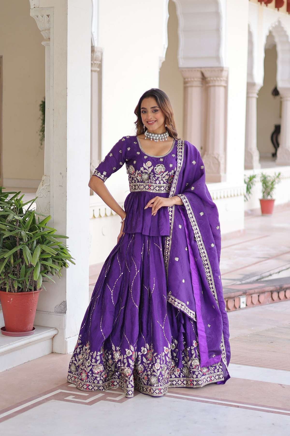 DESIGNER WEDDING PARTY WEAR GOLD CRUSH PURPLE KOTI LONG SKIRT STYLE SALWAR SUIT KU 5059