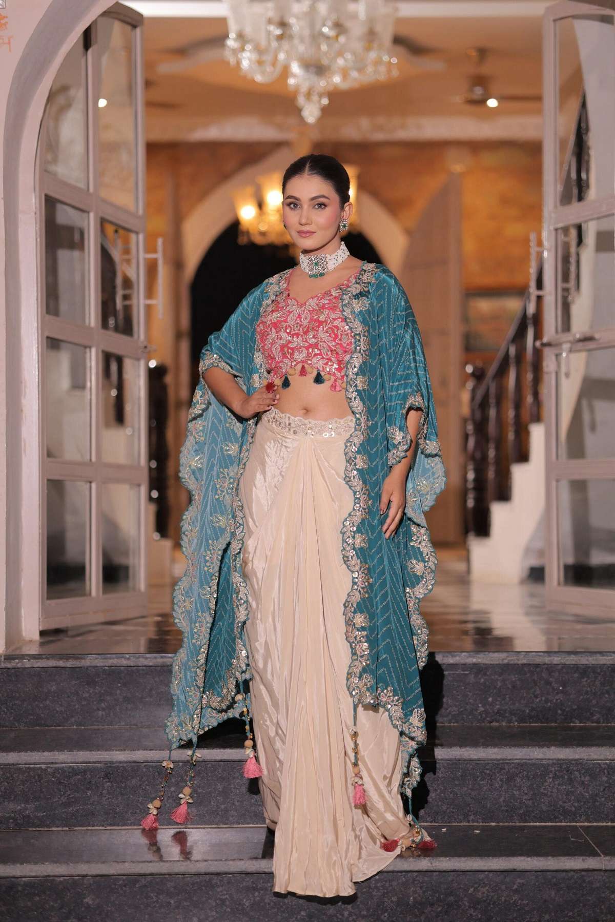 DESIGNER WEDDING PARTY WEAR MONO SILK BLUE SHRUG BLOUSE SKIRT SHARARA PALLAZO SALWAR SUIT DST 1