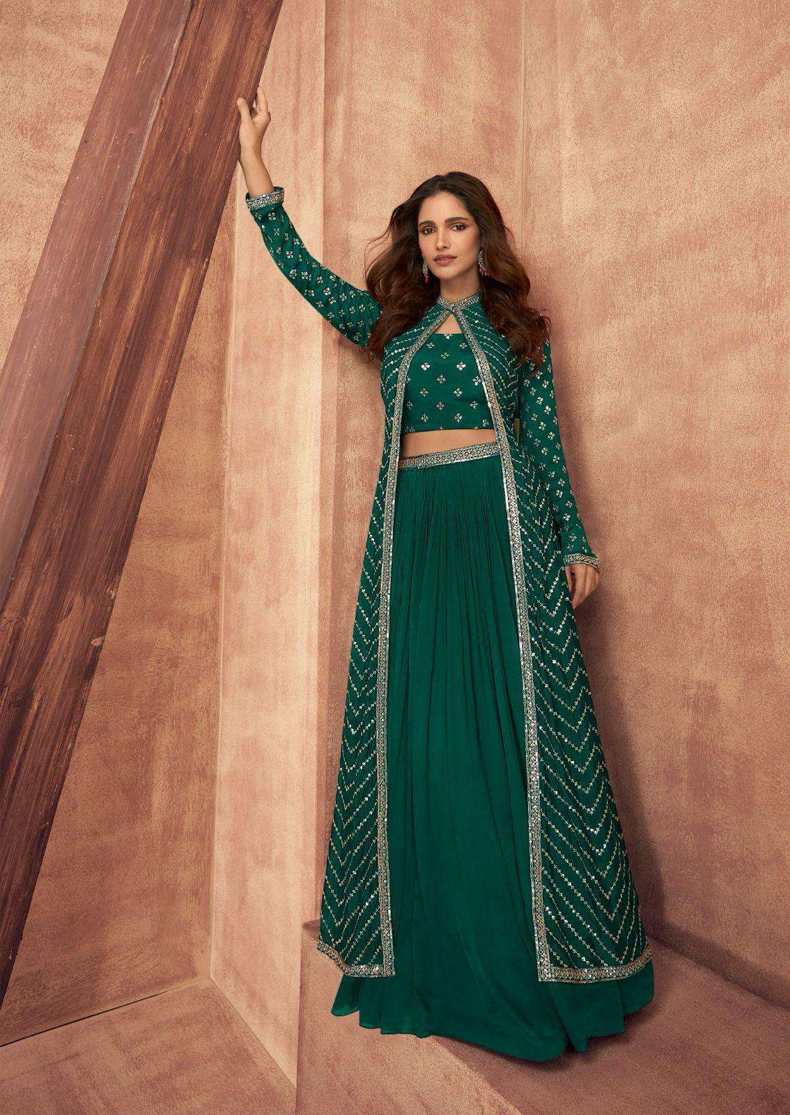 DESIGNER WEDDING PARTY WEAR PURE CHINON SILK GREEN KOTI BLOUSE SKIRT STYLE SALWAR SUIT SY IMPRESSION 9514 M