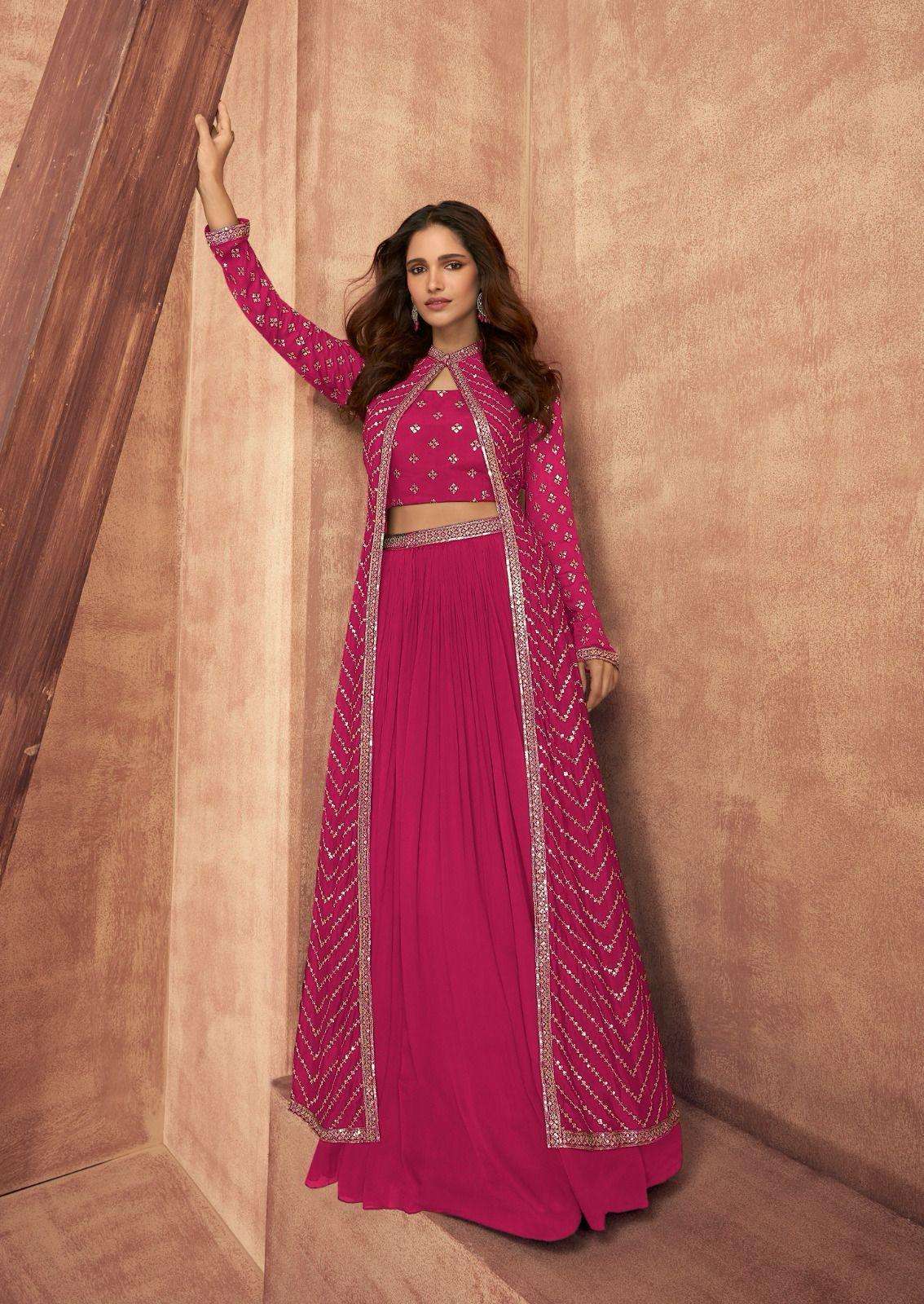 DESIGNER WEDDING PARTY WEAR PURE CHINON SILK PINK KOTI BLOUSE SKIRT STYLE SALWAR SUIT SY IMPRESSION 9514 L