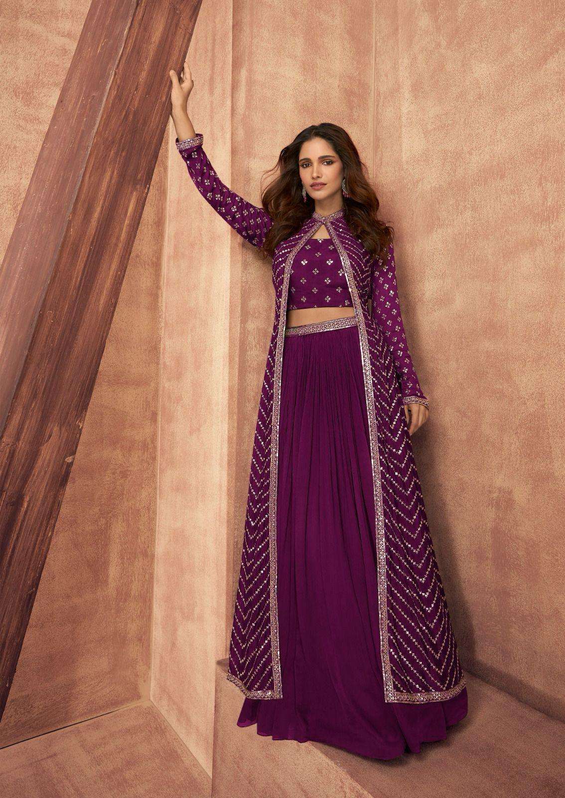 DESIGNER WEDDING PARTY WEAR PURE CHINON SILK PURPLE KOTI BLOUSE SKIRT STYLE SALWAR SUIT SY IMPRESSION 9514 I