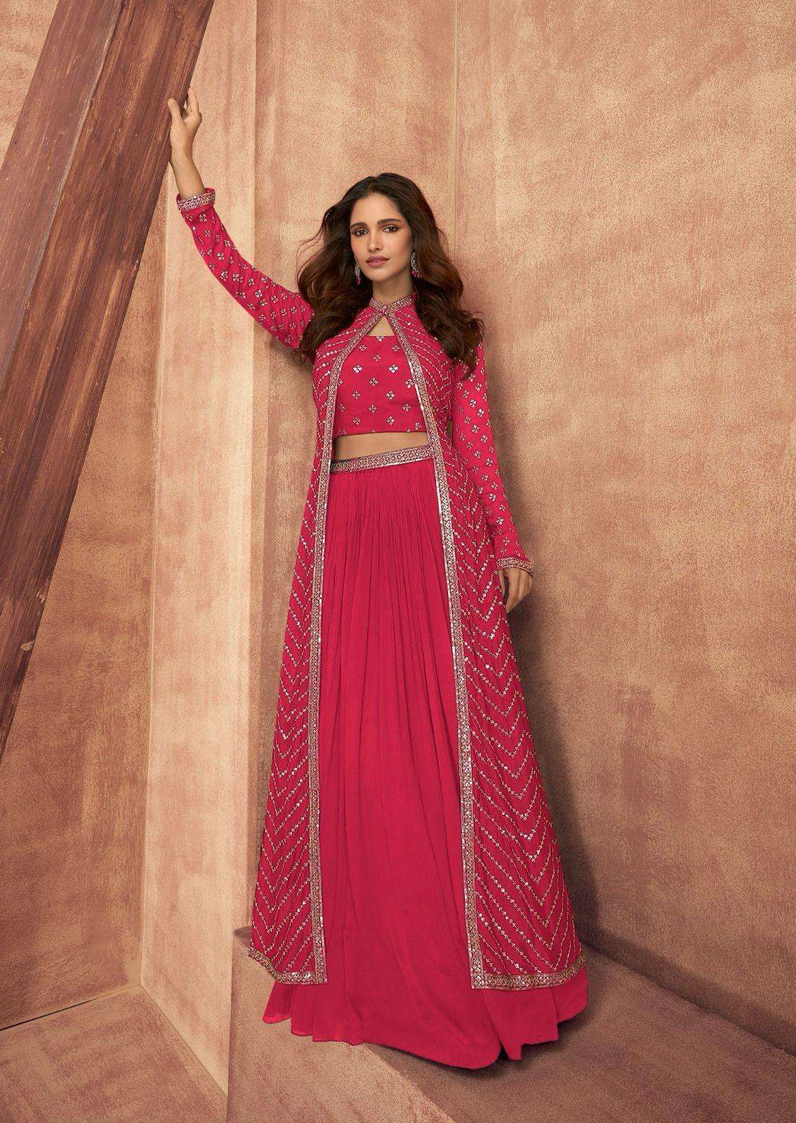 DESIGNER WEDDING PARTY WEAR PURE CHINON SILK RANI PINK KOTI BLOUSE SKIRT STYLE SALWAR SUIT SY IMPRESSION 9514 J