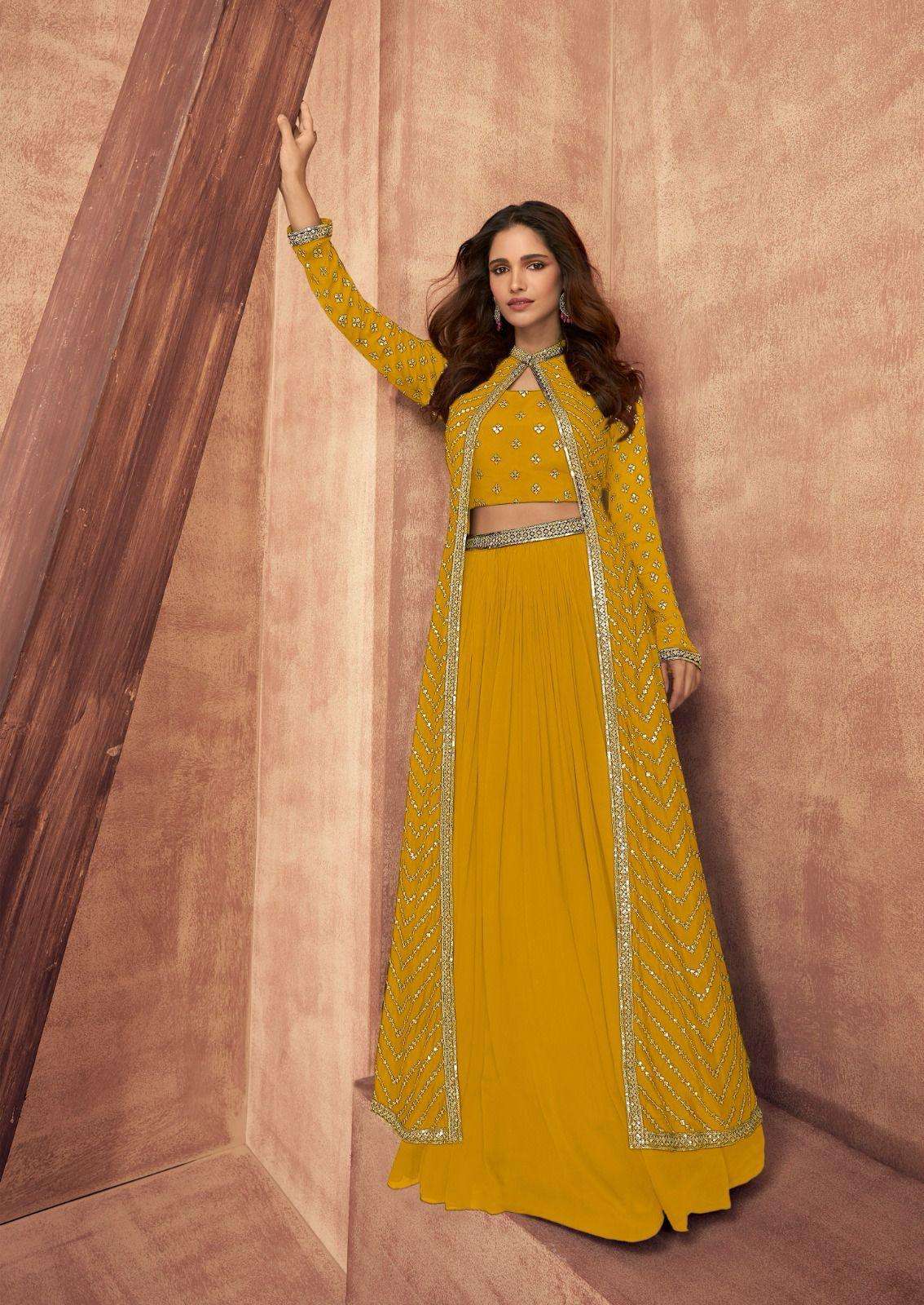 DESIGNER WEDDING PARTY WEAR PURE CHINON SILK YELLOW KOTI BLOUSE SKIRT STYLE SALWAR SUIT SY IMPRESSION 9514 K