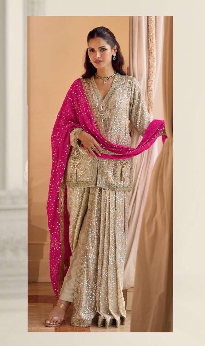 DESIGNER WEDDING PARTY WEAR PURE GEORGETTE BEIGE SHARARA SALWAR SUIT SY SWAROSKI 10196