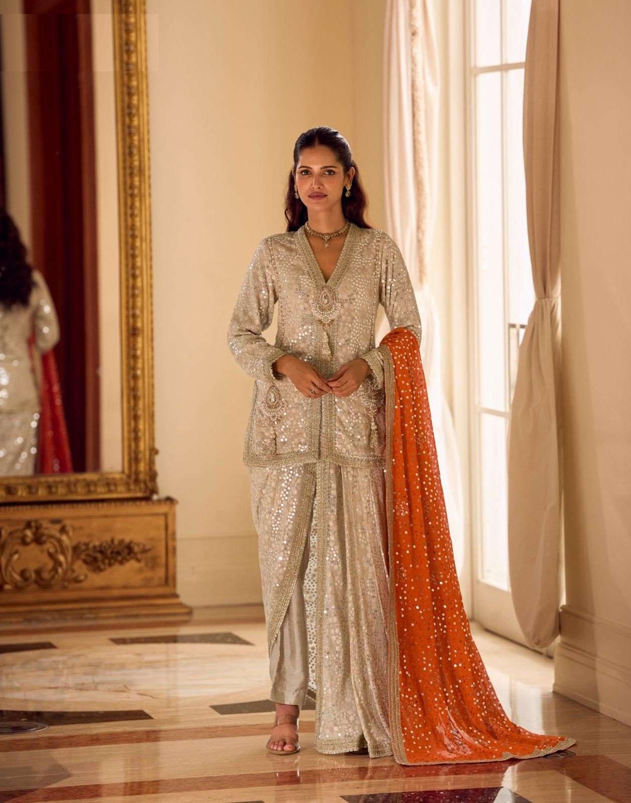 DESIGNER WEDDING PARTY WEAR PURE GEORGETTE BEIGE SHARARA SALWAR SUIT SY SWAROSKI 10197